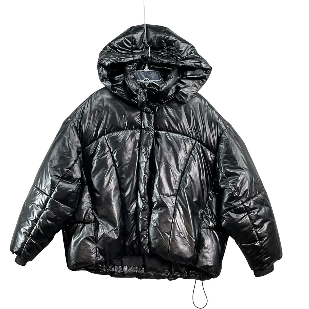 Zara Puffer Jacket Womens Medium Black Glossy Hooded Quilted Winter Insulated